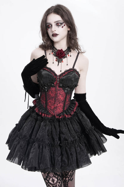 Crimson Gothic Tank Top with Lace-Up Embroidery and Ruffle Trim