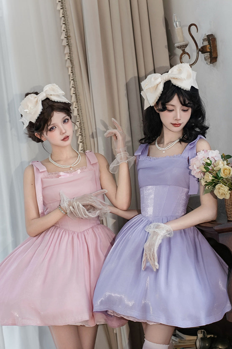 Blush Sleeveless Ruffle Bow Fishbone Sweet JSK - Foamy Sea