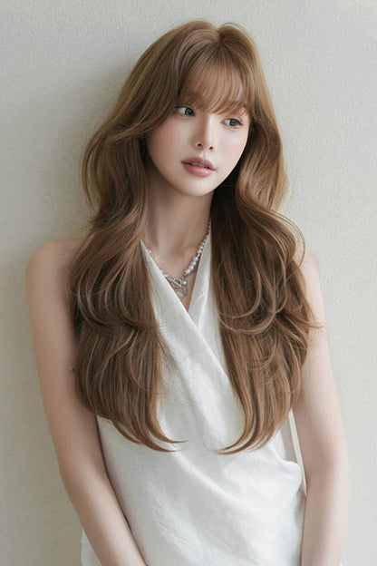 Coffee Milky Korean High-Layered Wavy Lolita Wig with Air Bangs