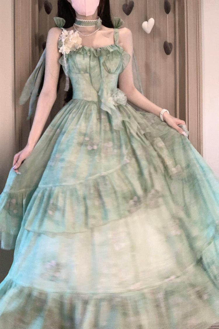 Emerald Print Ruffle Bow Sweet Lolita Long Jumper Dress