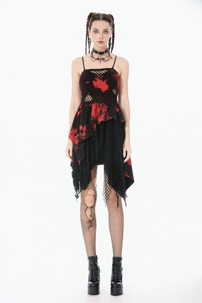 Crimson & Obsidian Sleeveless Irregular Mesh Tie Dye Punk Slip Dress