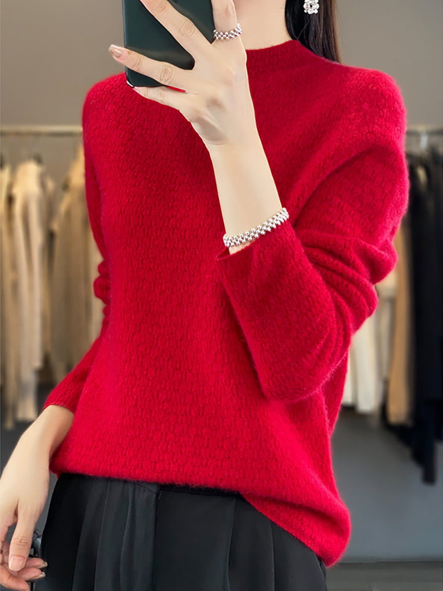 Women Autumn Casual Solid Knit 100%Wool O-Neck Sweater WU010