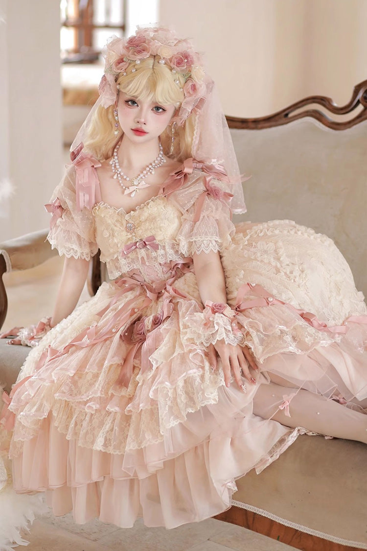 Blush Short Sleeves Jacquard Ruffled Cardigan Lace Dress