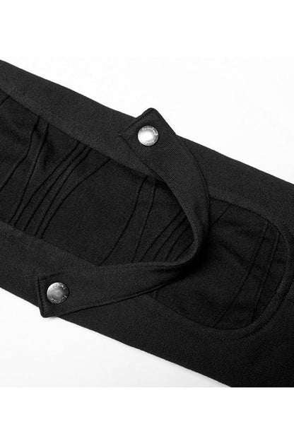 Noir High-Collar Knit Coat with Metal Shoulder Straps