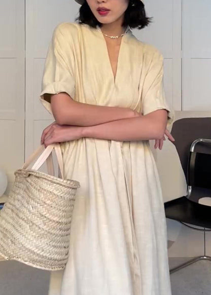Modern Neck Cotton Beige Pockets V Drawstring Summer Dress