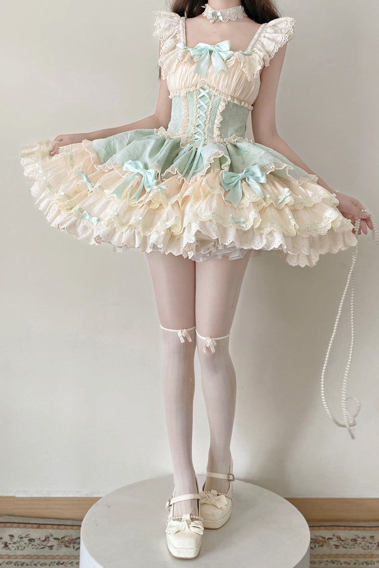 Emerald Double-Layer Ruffle Bow Lace Lace-Up Sweet Ballet Lolita Jumper Dress