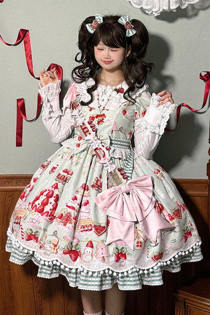 Doll Collar Short Sleeve Print Ruffle Bowknot Sweet Lolita Dress with Strawberry Dessert - 4 Colors