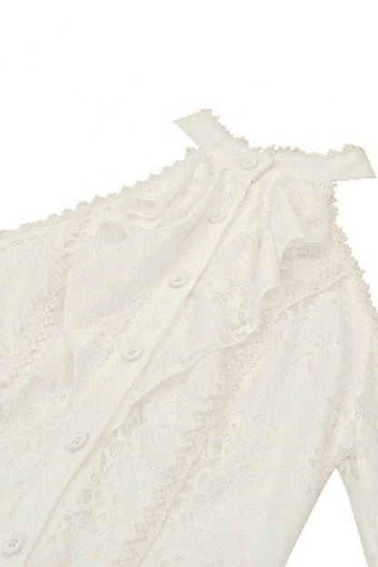 Steampunk Women's Dress with Halter Off-Shoulder Lapel Collar & Flare Sleeves, Cream