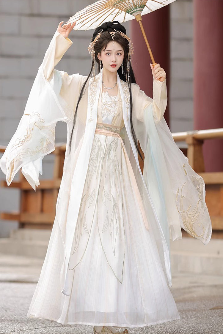 Sweet Hanfu Gown Full Set with Jacquard Print, Embroidery & Long Sleeves
