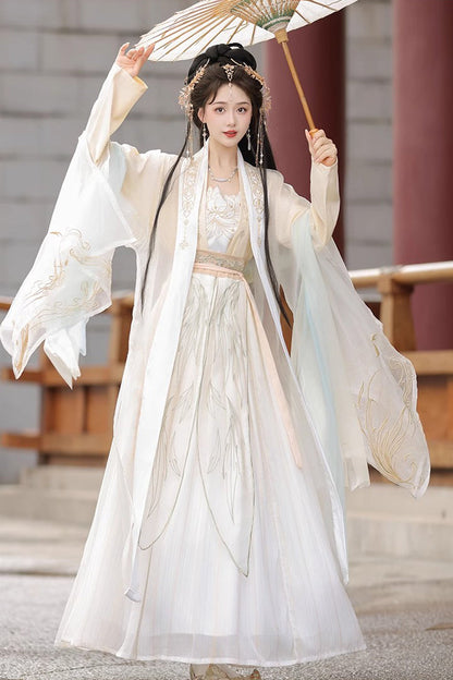 Sweet Hanfu Gown Full Set with Jacquard Print, Embroidery & Long Sleeves