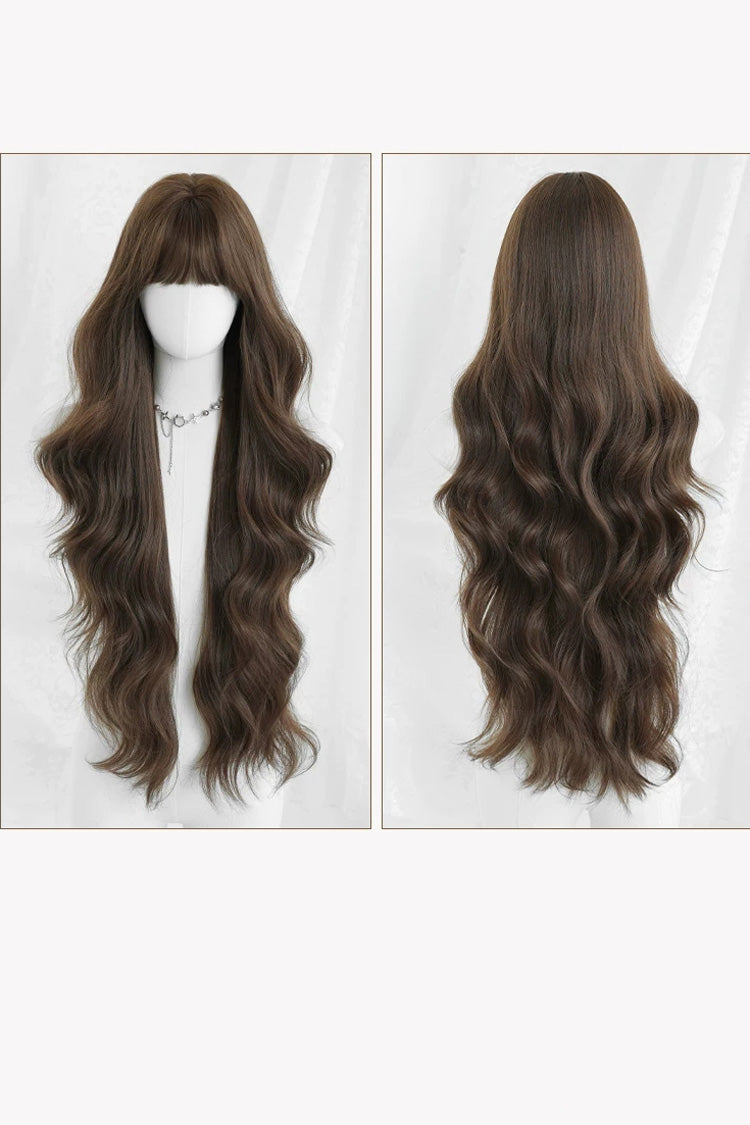 Fluffy Extra Long Loose Wave Sweet Lolita Wig with Full Bangs in Morandi Tea Brown