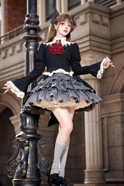Gothic Princess Lolita Top and Skirt Set with Multi-Layered Ruffle in Black