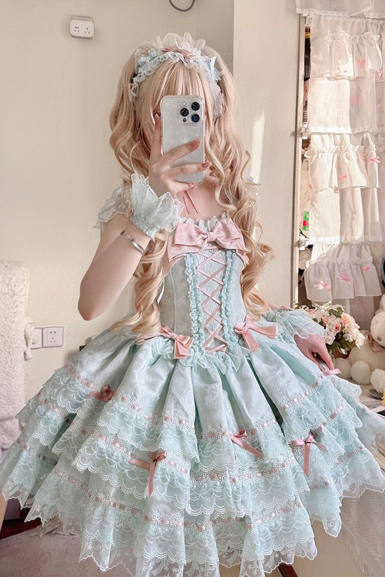 Emerald Sleeveless Ruffle Bow Lace Lace-Up Sweet Elegant Lolita Jumper Dress