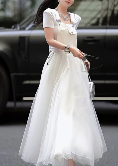 Patchwork Tulle Summer Strap Dress White Distinctive Denim