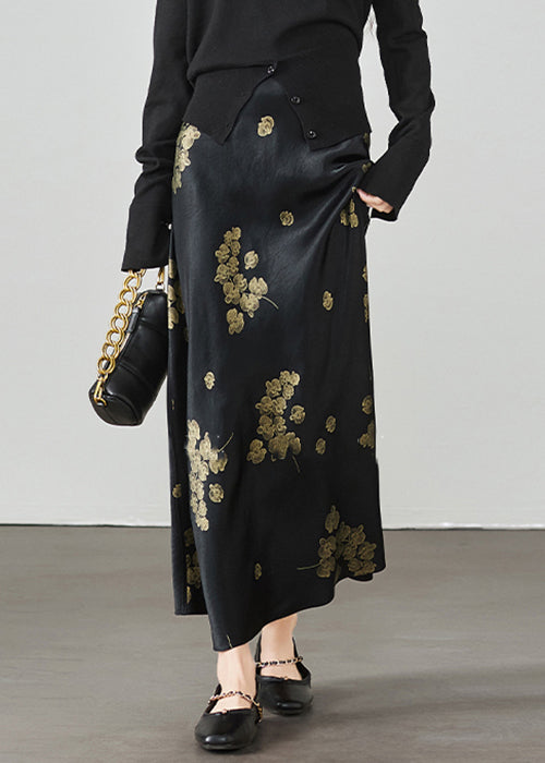 Print New Waist High Summer Skirt Silk Black