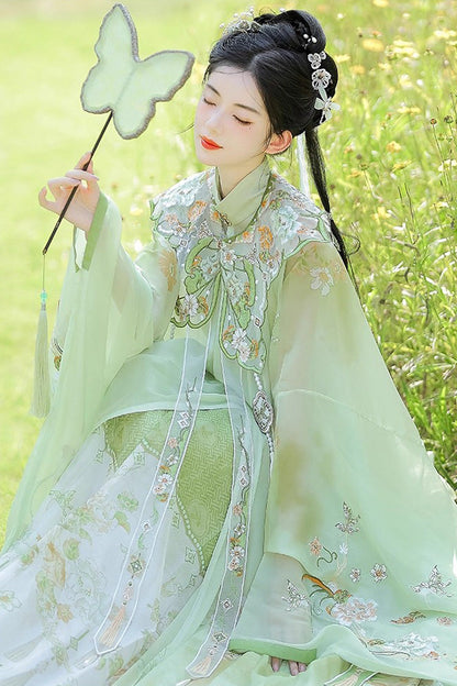 Emerald Ming Dynasty Round Collar Long Sleeve Print Embroidery Sweet Hanfu Outfit