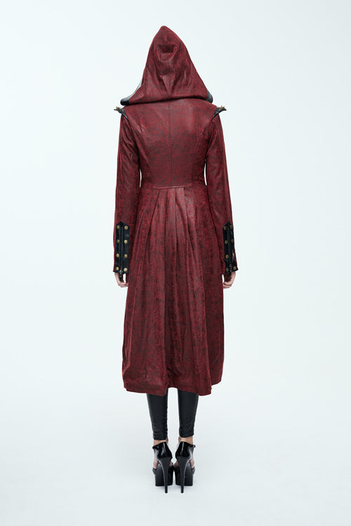 Crimson Punk Leather Coat with Asymmetric Hem and Long Back