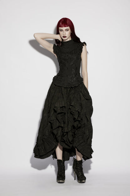 Elegant Black Gothic Blouse for Women, Ruffled with Embroidery and Lace-Up