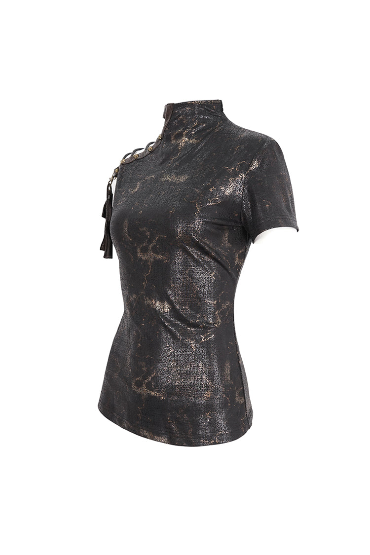 Graphic Spaghetti-Strap Punk Top with Buckle Accents