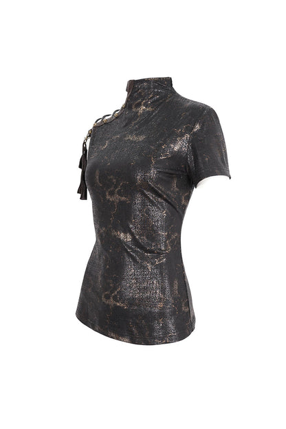 Graphic Spaghetti-Strap Punk Top with Buckle Accents