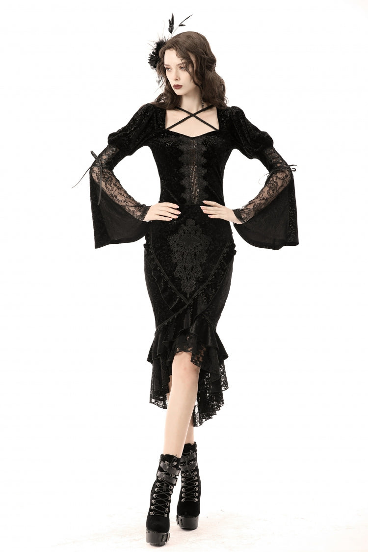 Women's Gothic Dovetail Wrap Skirt with Lace and Lace-Up in Black Jacquard