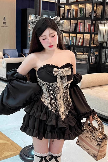 Ebony Printed Embroidered Bow Princess Strapless Gown - Gentle Treasure