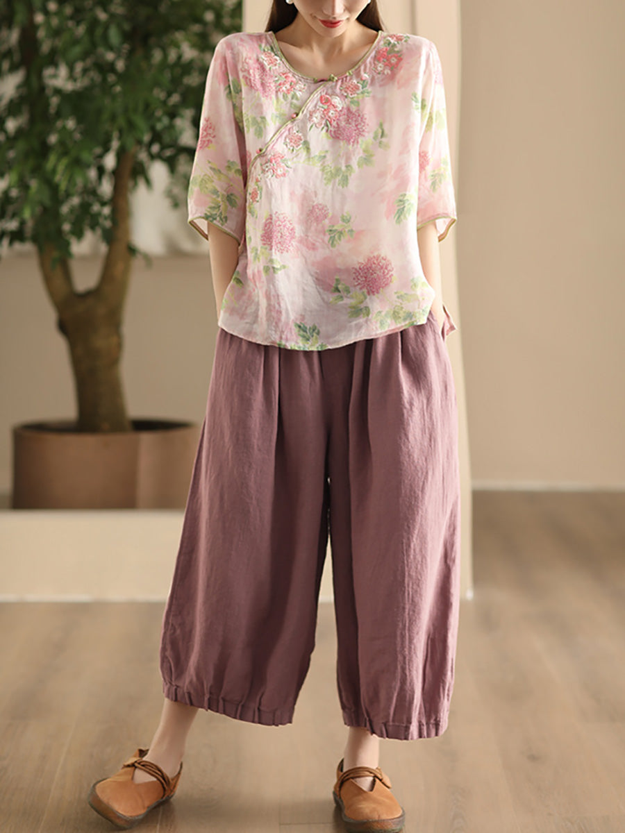 Women Summer Vintage Solid Linen Wide-leg Pants FD038