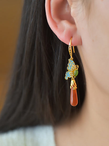 Butterfly Ethnic Enamel Earrings Women Jade S925Silver