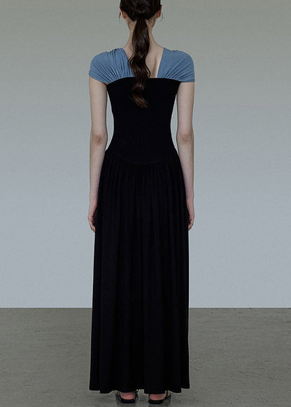 Dress Long Black Patchwork Slash Wrinkled Neck Original Cotton