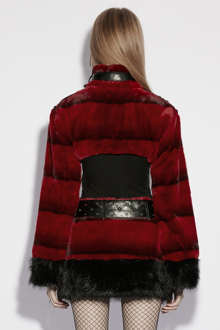 Crimson High-Neck Punk Faux Fur Short Cape with Buckle Straps