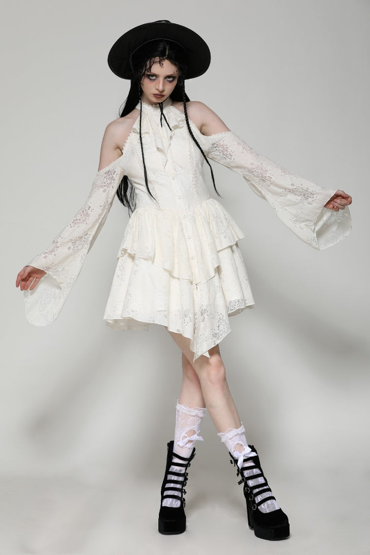 Steampunk Women's Dress with Halter Off-Shoulder Lapel Collar & Flare Sleeves, Cream