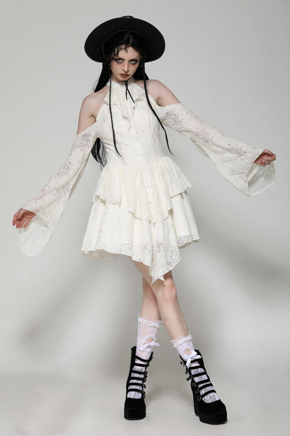 Steampunk Women's Dress with Halter Off-Shoulder Lapel Collar & Flare Sleeves, Cream