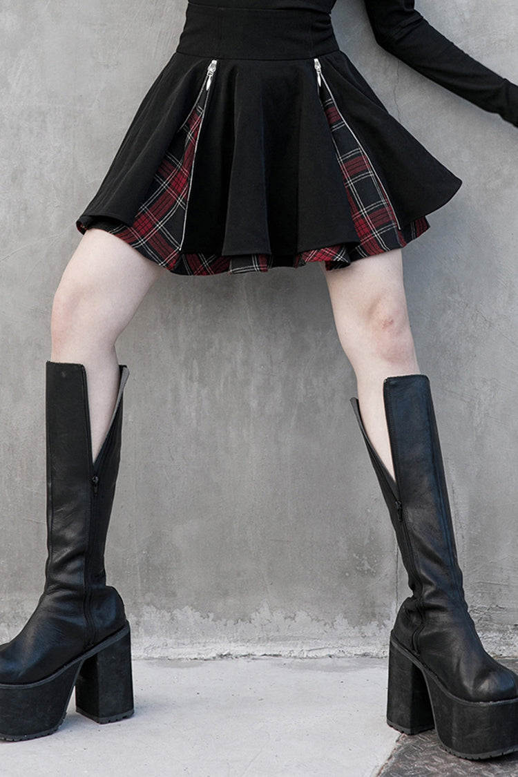 Crimson & Obsidian Splice Plaid Metal Zipper Decoration Pleated Punk Skirt