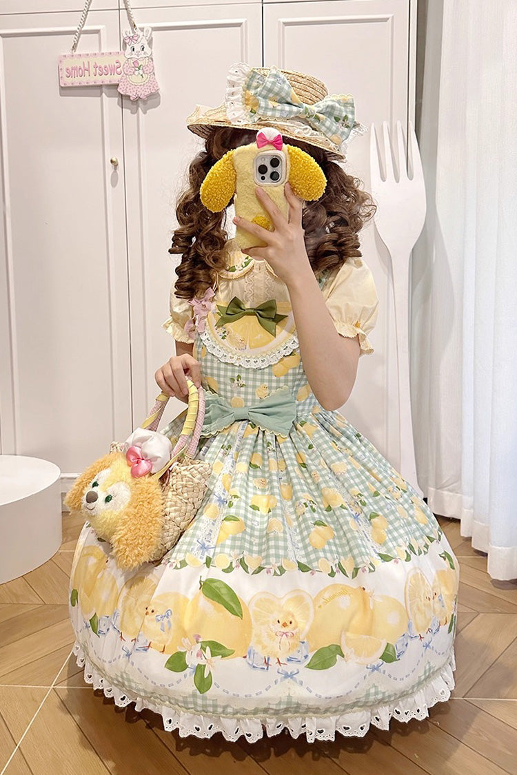 Emerald Lemon Chicken Print Ruffle Bowknot Sweet JSK Dress