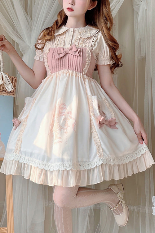 Sweet Lolita JSK Gown with Bear Print, Ruffled Bow & High Waisted Cut