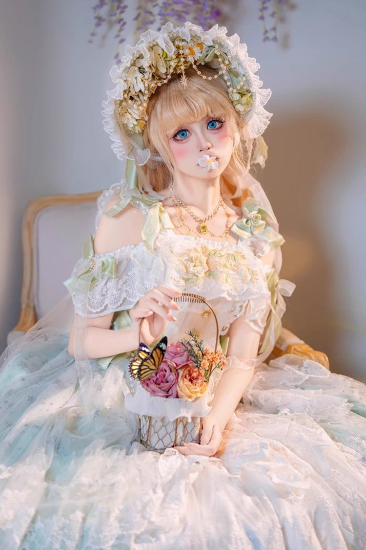 Emerald Glazed Phantom Off-Shoulder Ruffle Hanayome Bow Lace Dress