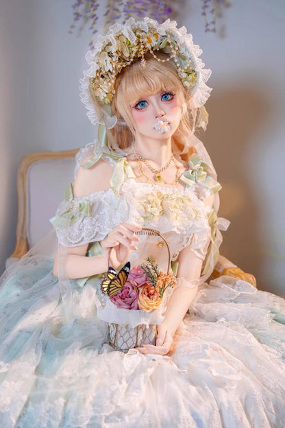 Emerald Glazed Phantom Off-Shoulder Ruffle Hanayome Bow Lace Dress