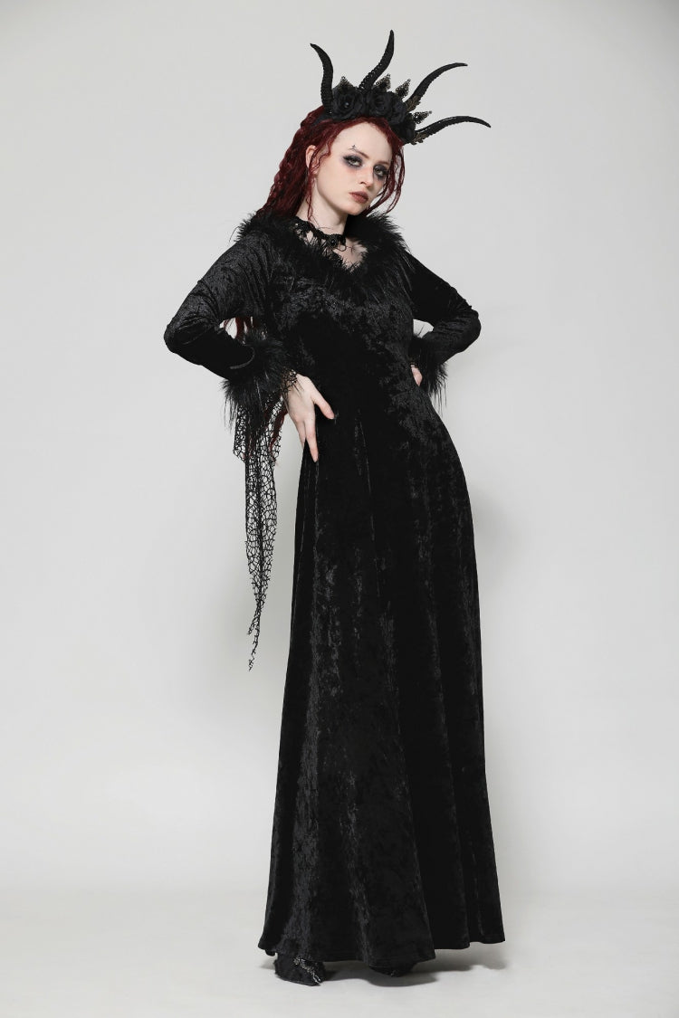 Ebony Long-Sleeve Velvet Lace Gothic Maxi Wedding Gown