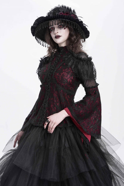 Crimson High-Neck Gothic Lace Blouse with Embroidered Flared Sleeves