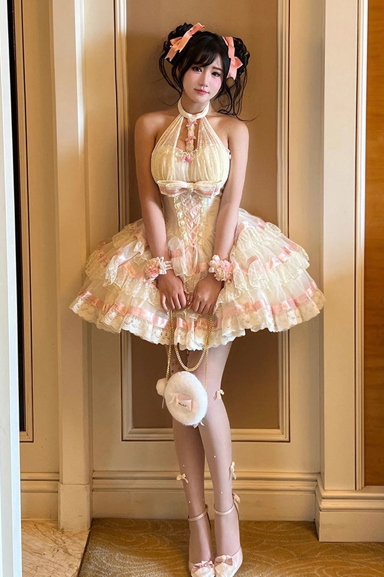 Sweet Princess Lolita Frocks with Halterneck Ruffles & Lace-Up Bows in Cream