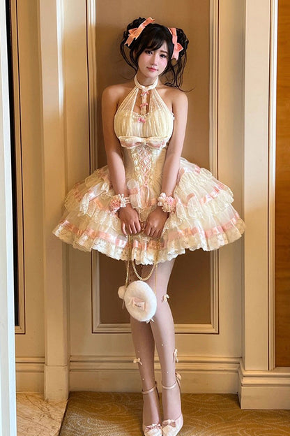 Sweet Princess Lolita Frocks with Halterneck Ruffles & Lace-Up Bows in Cream