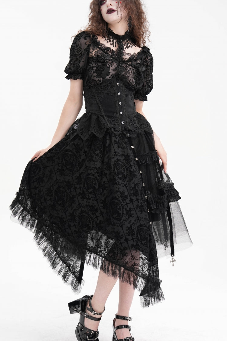 Gothic Luxurious Asymmetric Pleated Skirt with Black Jacquard Cut-Out Lace