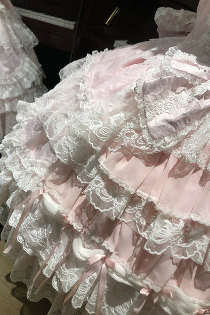 Blush Square Collar Embroidered Lace JSK with Bow