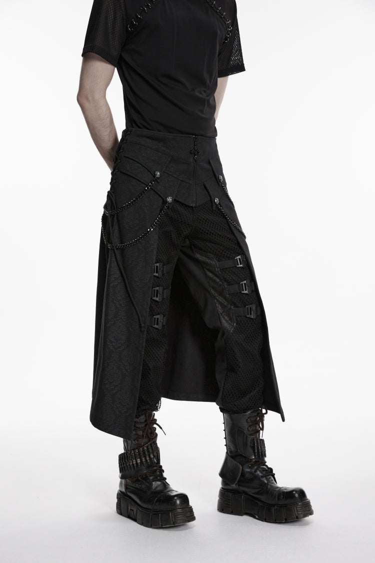 Black Lace-Up Zip Punk Skirt with Chain Detail for Men