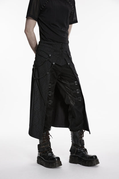 Black Lace-Up Zip Punk Skirt with Chain Detail for Men
