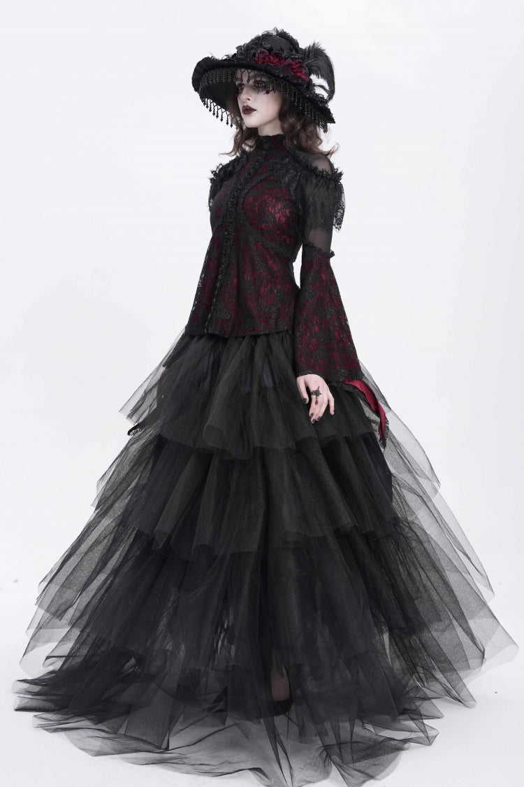 Crimson High-Neck Gothic Lace Blouse with Embroidered Flared Sleeves