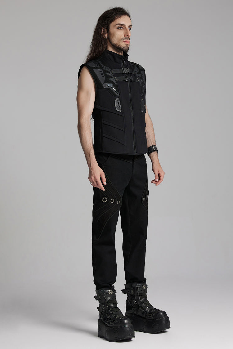 Midnight Zip Punk Vest with Buckle Accents