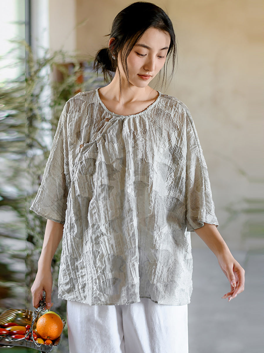 Women Summer Vintage Print O-Neck Button Loose Shirt II1009