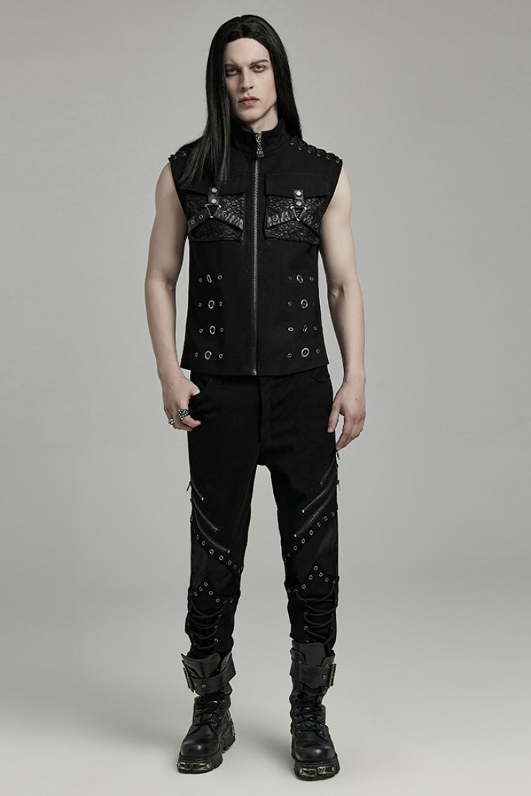 Slim-Fit Black Gothic Vest, Mandarin Collar with Stitch Detailing for Men