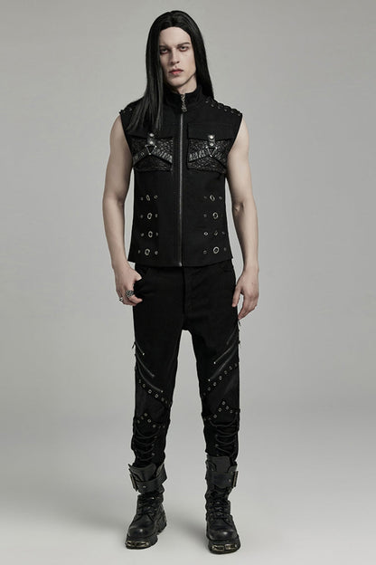 Slim-Fit Black Gothic Vest, Mandarin Collar with Stitch Detailing for Men